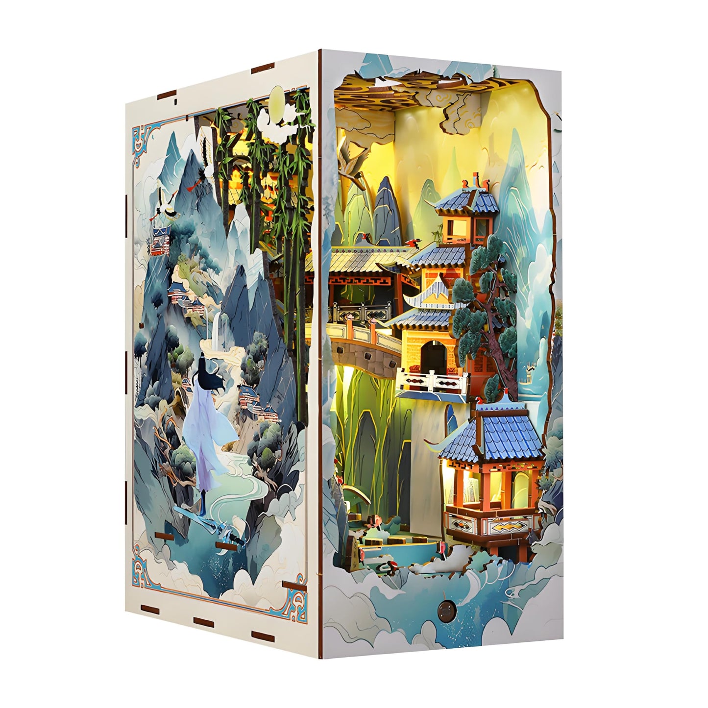 Ahilmrn Book Nook Kit for Adults, DIY Dollhouse Booknooks Penglai Wonderland Landscape Decor Chinese Landscapes Bookshelf Insert with Dust Cover LED 3D Wooden Puzzle Assembly Model Creative Gift