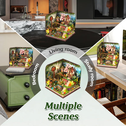 DIY Miniature House Kit, Forest Book Nook Kit with Music, 3D Wooden Puzzles for Adults, Dollhouse Kit with LED Light, Mini Building Kit, Craft Kit for Adults Teen to Build (Forest Garden)