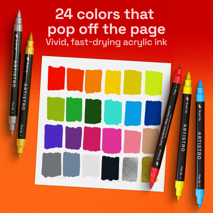 ARTISTRO 24 Acrylic Paint Markers - Paint Pens for Drawing, Brush + Fine Tips - For Fabric, Rock, Glass, Wood, DIY - Art & Craft Supplies for Adults, Teens, Kids - Teacher Appreciation Gift