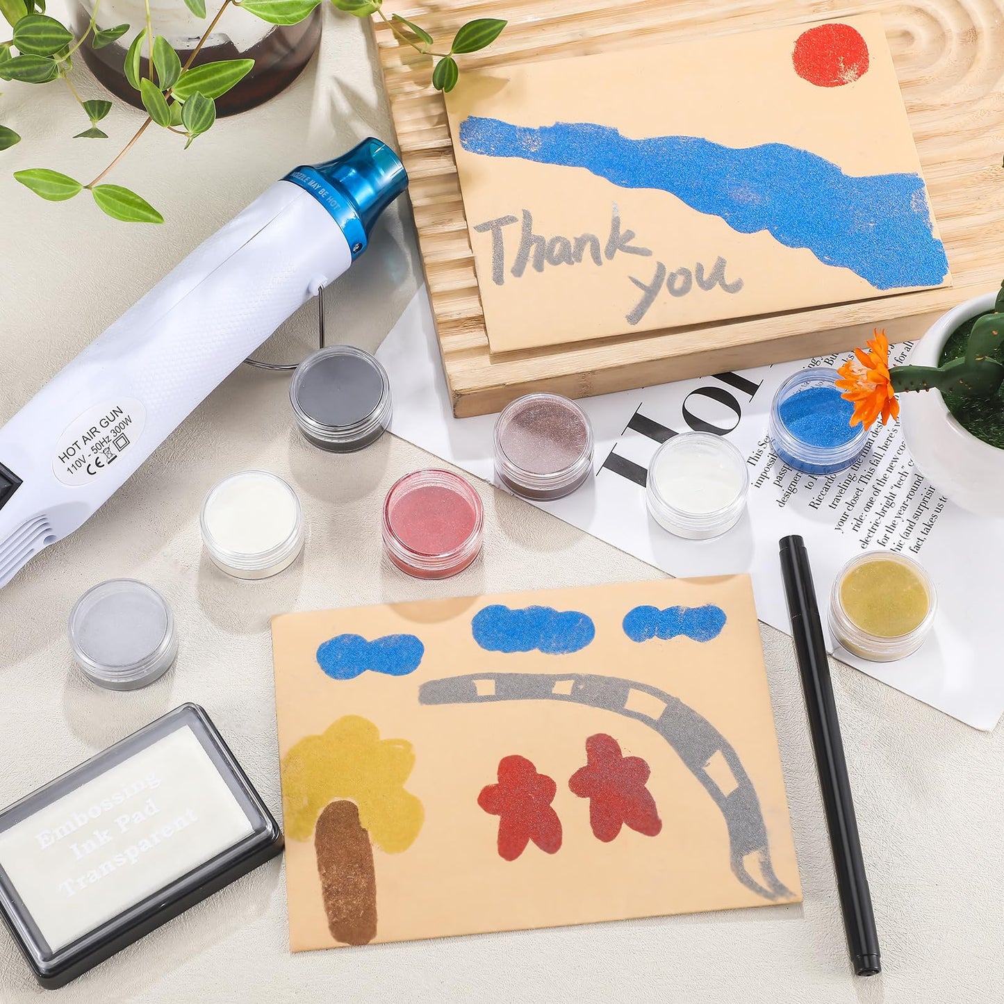 Lanties Embossing Kit with Heat Tool Bundle, 8 x 10ml Embossing Powders, Clear Embossings Pen and Ink Pad, Complete Embossings Kit for Starter Crafts