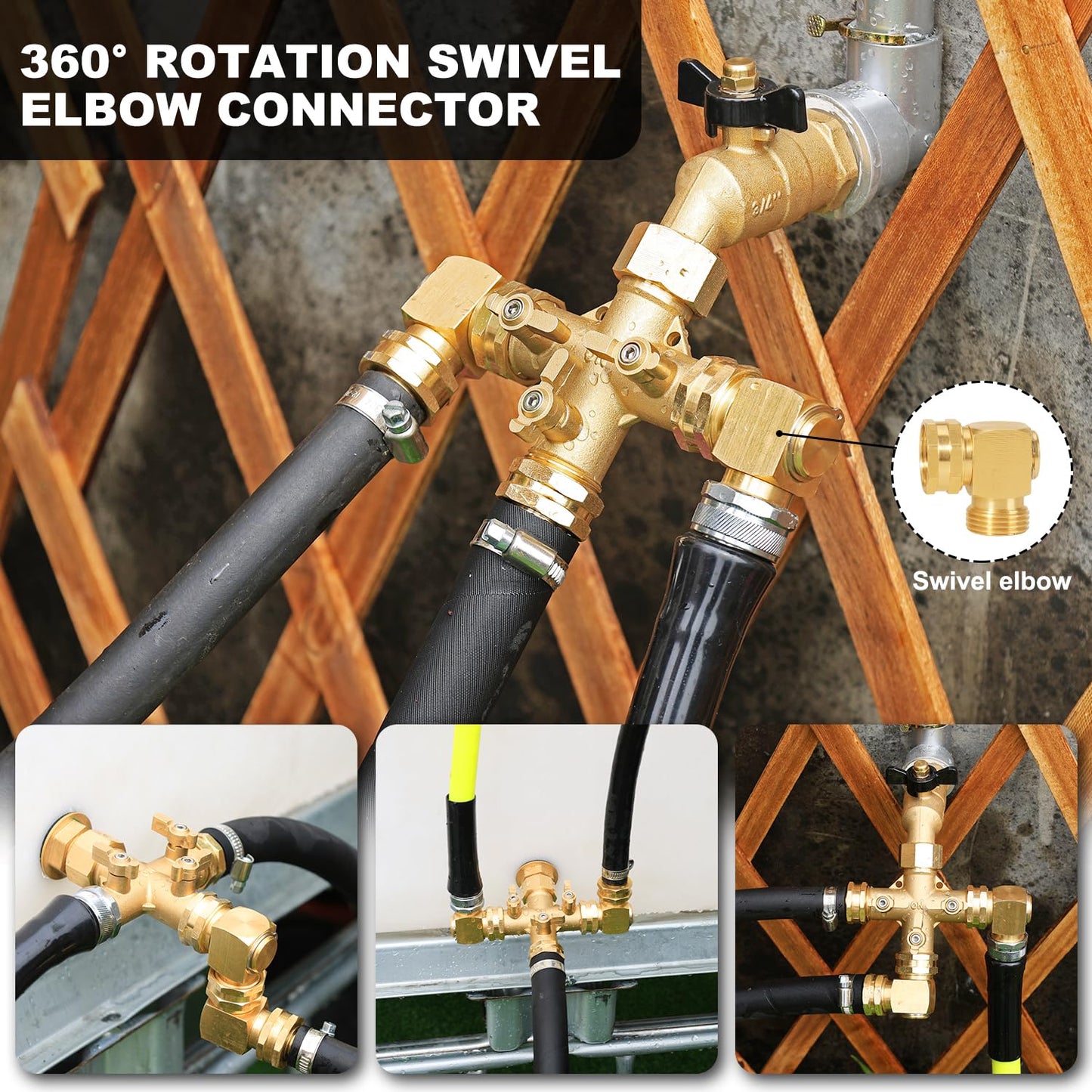 YELUN Garden Hose Splitter High Flow Splitter with Swivel elbow Connect Brass Hose Splitter with Shut Off Valves 3 way Hose Bib Adapter (with Swivel elbow)
