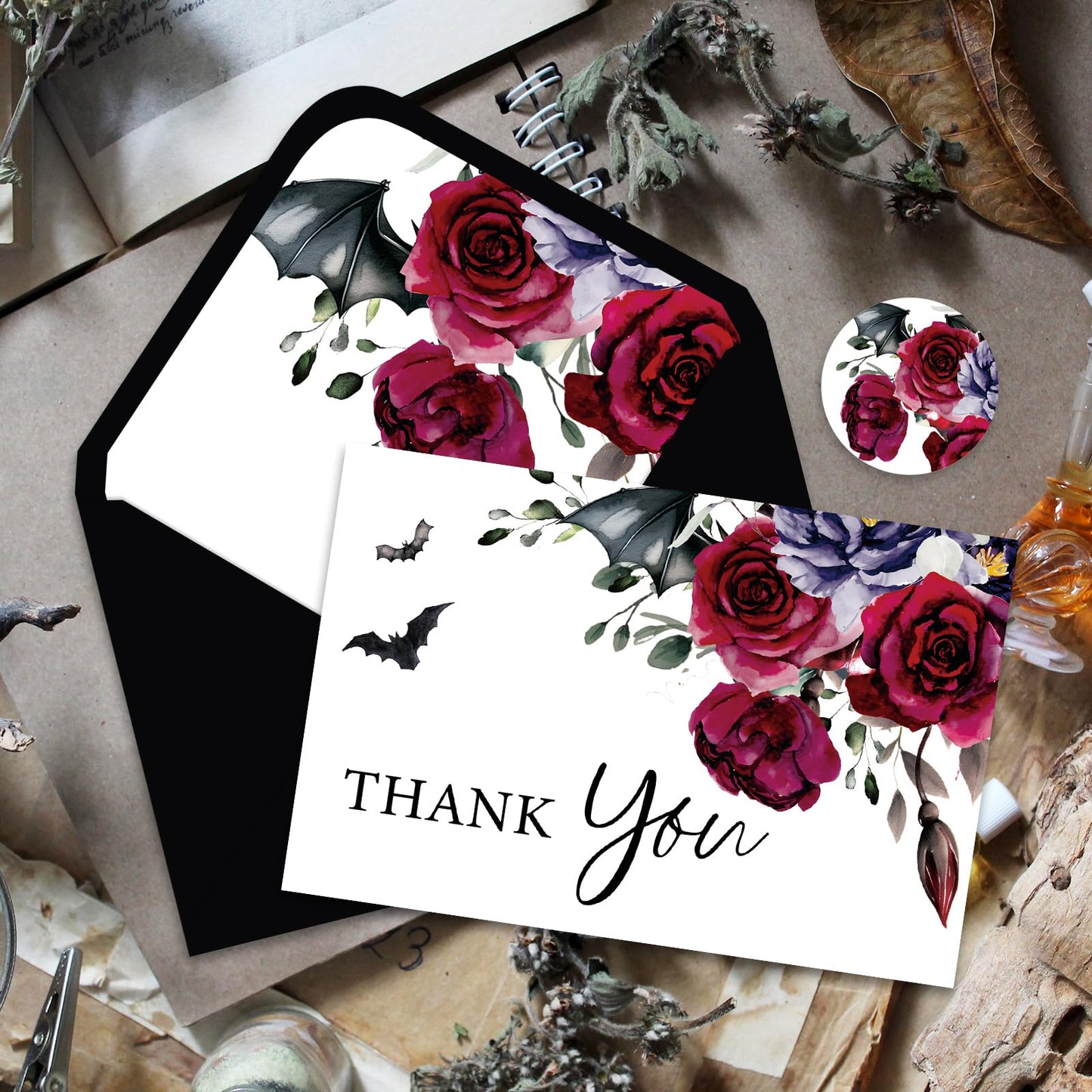Whaline 36Pcs Halloween Thank You Cards with Envelopes Stickers Blood Red Flower Bat Greeting Cards Blank Note Card for Halloween Birthday Wedding Party Supplies