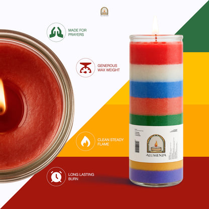 Alumenza 7 Day Candle in Glass Jar – Clean Burning Unscented – Large & Tall Devotional Prayer Pillar Candles for Home, Memorial, Rituals, Spells, Baptisms, Long Lasting (7 Color, Pack of 6)