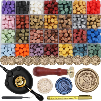 Sealing Wax Stamp Kit with Electric Wax Seal Warmer, 732 Pcs Waxseal Beads, Initial Alphabet Sealstamp, Spoon, Letter Sealingwax Kit (S)