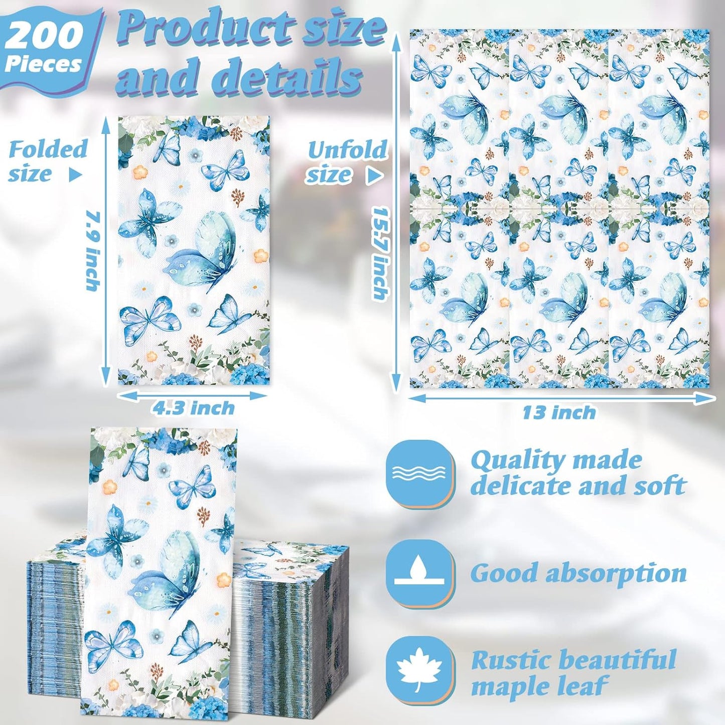 200 Packs Summer Spiareal Disposable Hand Towels for Guests Bulk Bathroom Napkins Butterfly Floral Hand Towels