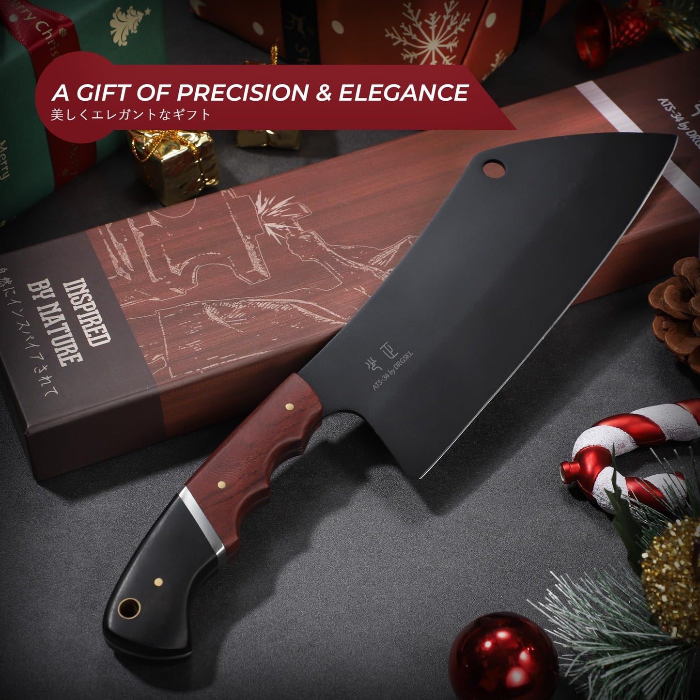 DRGSKL Meat Cleaver Knife 8inch - Black Butcher Knife for Meat Cutting, Japanese High Carbon Steel Vegetable Cleaver for Chopping, Kitchen Cooking Knife with Wooden Handle, Gift for Men