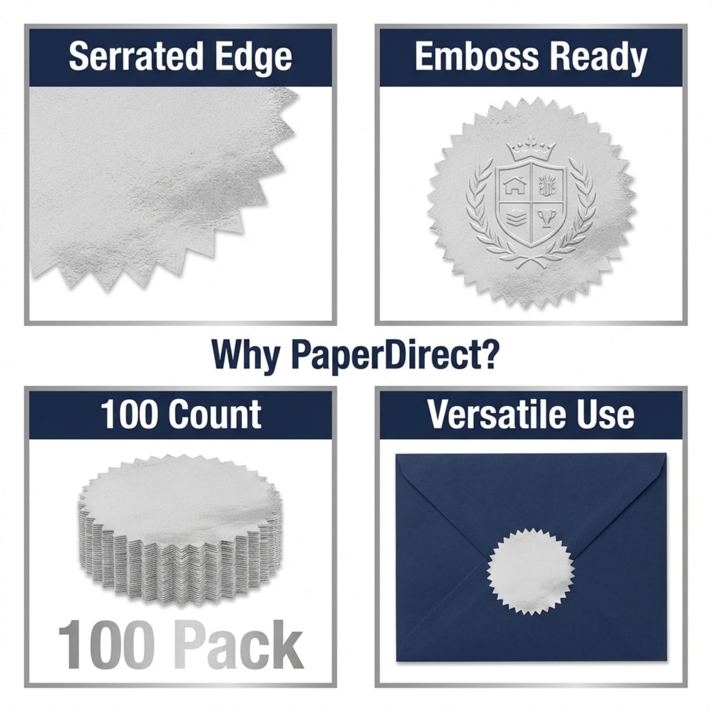 PaperDirect Silver Foil Certificate Seals, 2" Self‑Adhesive Scalloped Stickers, 100‑Pack for Awards, School Certificates, Workplace Recognition, Diplomas & Official Documents