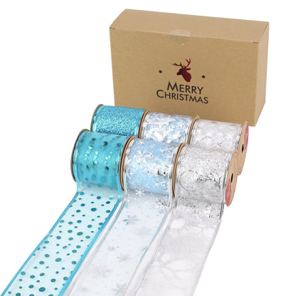 MEEDEE Turquoise Christmas Ribbon - 2.5 Inch, 6 Rolls, 36 Yards - Blue & Silver for Christmas Tree