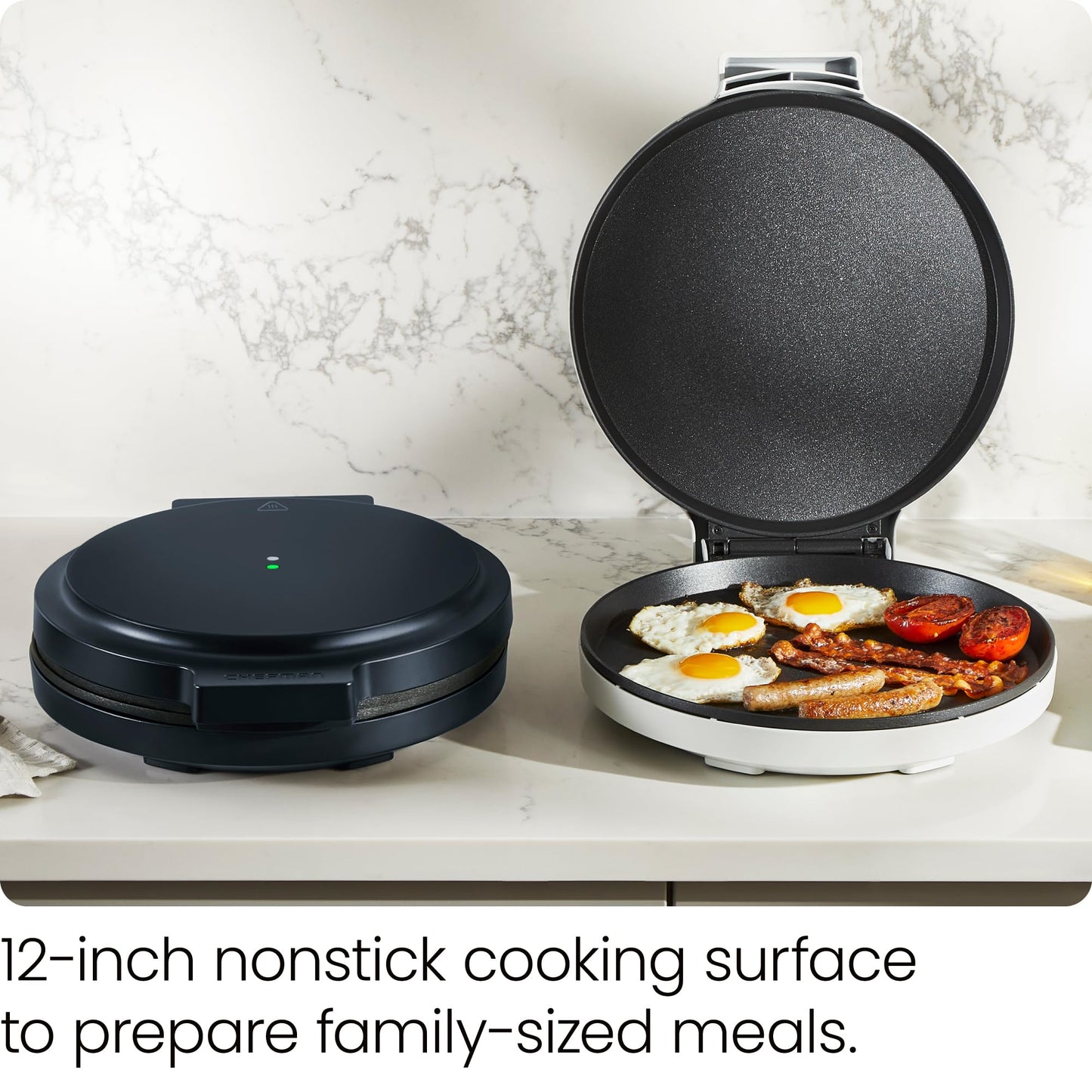 Chefman Everything Maker & Pizza Oven – 1440W Countertop Electric Pizza Maker with 12” Nonstick Cooking Plates, Plus Makes Quesadillas, Omelettes and More, with Indicator Lights and Vertical Storage