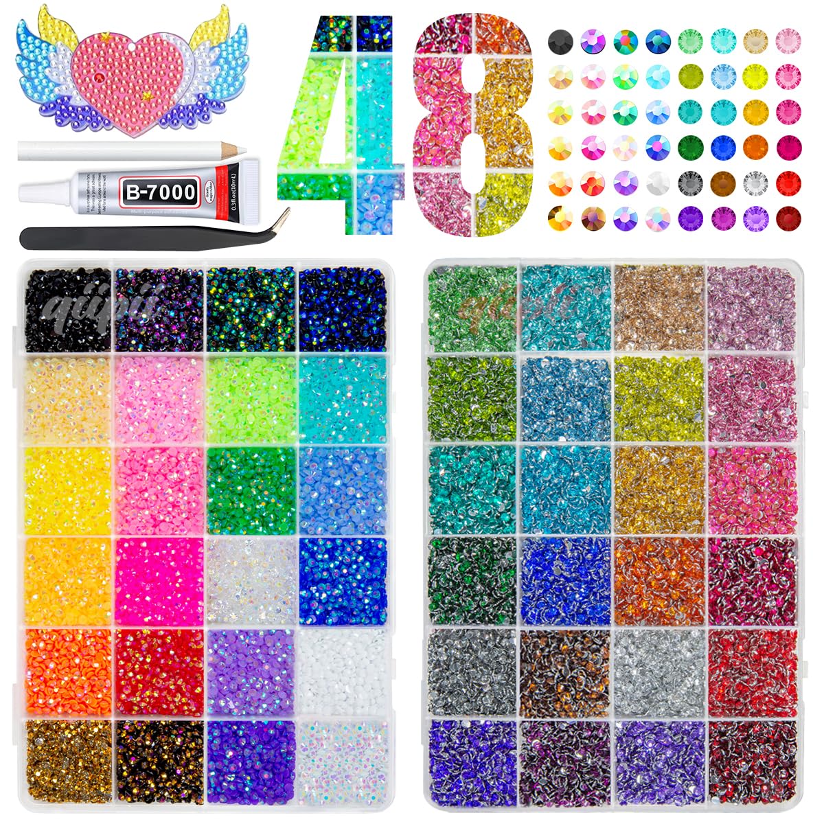 qiipii 48 Color 3mm Jelly AB & Crystal Colorful Resin Rhinestones for Bedazzling Crafting SS10 Flatback Stones Gems Diamonds Charms for Nails Eyes Face Makeup Beauty Tumblers Bottles DIY Crafts Shoes
