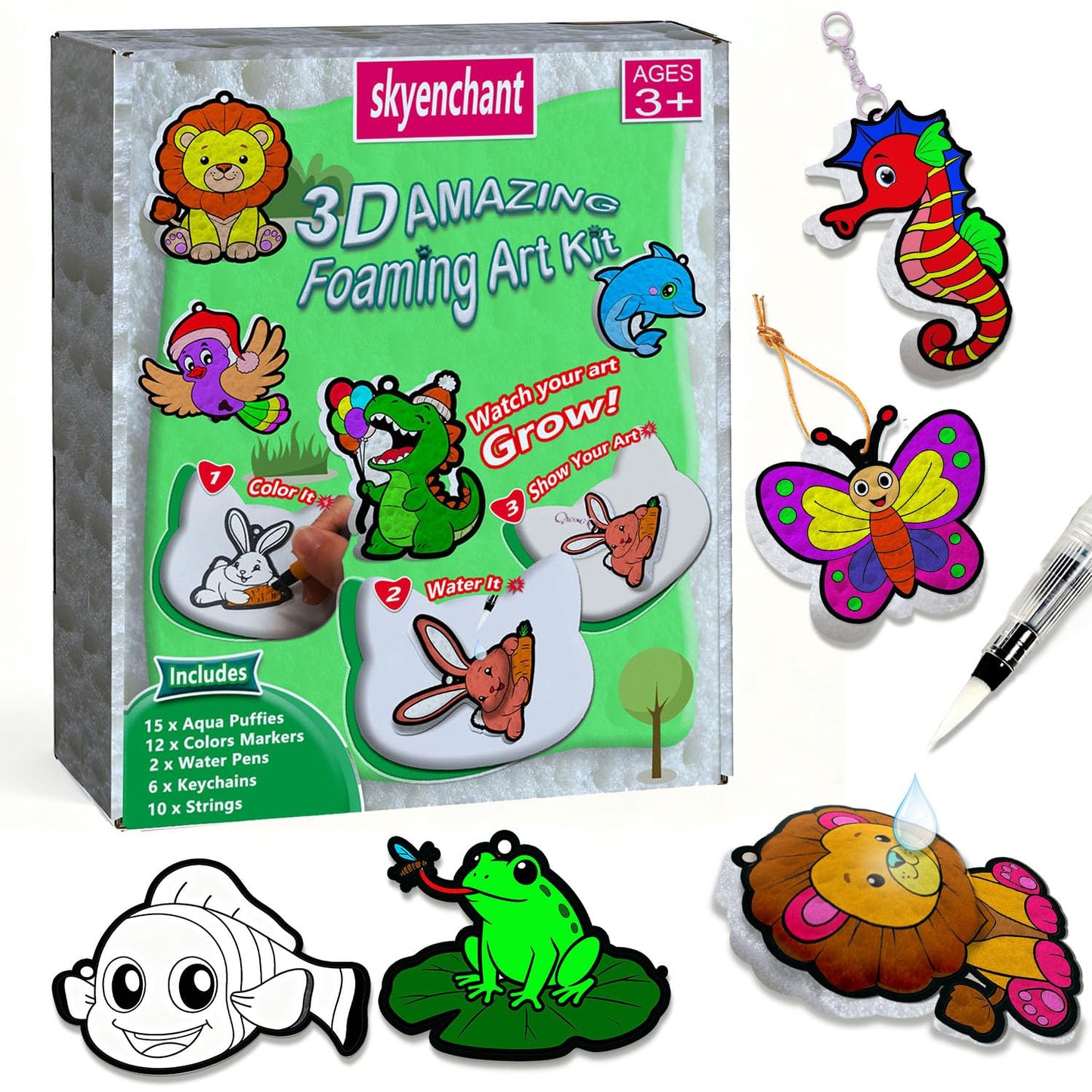 skyenchant Aqua 3D Foaming Art Kit for Kids, Paint by Number Craft with Inflatable Animals, Creative Gift for Girls & Boys Ages 4-10, Christmas Birthday Stocking Stuffer (Animal Friends)
