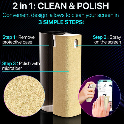 Mini Screen Cleaner Spray – Finger Proof Screen Cleaner for Smartphones, iPads, MacBooks, Laptops, Car Screens, Touchscreens – 3 in1 Mist Cleaner, Microfiber Cloth and Protective Cover (Grey)