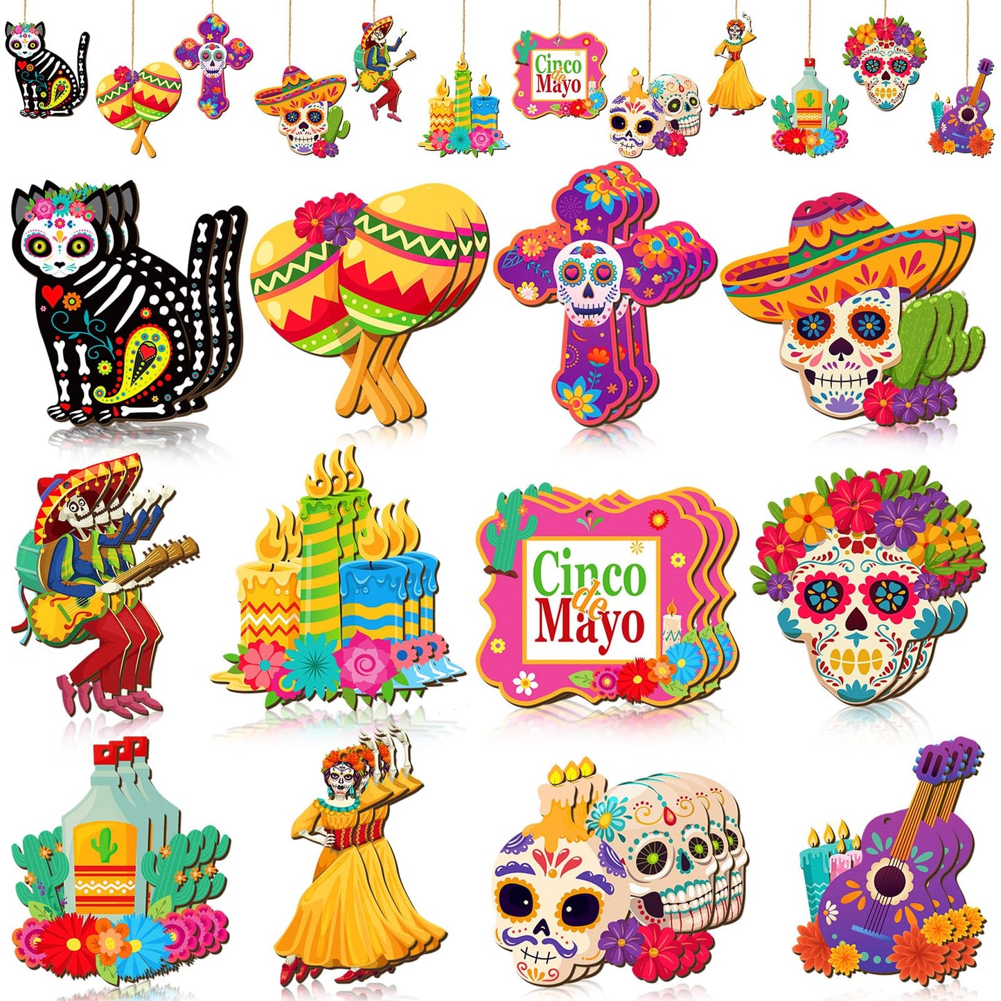Soaoo 36 Pcs Day of The Dead Ornaments for Tree Dia De Los Muertos Decorations Mexican Theme Cat Skeleton Wood Sign Halloween Ornament Skulls for Crafts Hanging Decor Fiesta Festival Party Gift