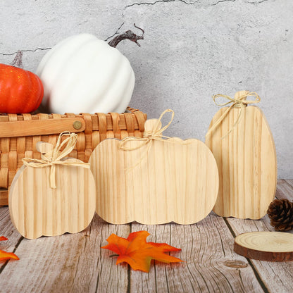 Whaline 3Pcs Unfinished Fall Pumpkin Wooden Cutout with Natural Raffia Pumpkin Shaped Tiered Tray Decor Pumpkin Wooden Table Sign for Autumn Thanksgiving Halloween Home Office Table Decor DIY Crafts