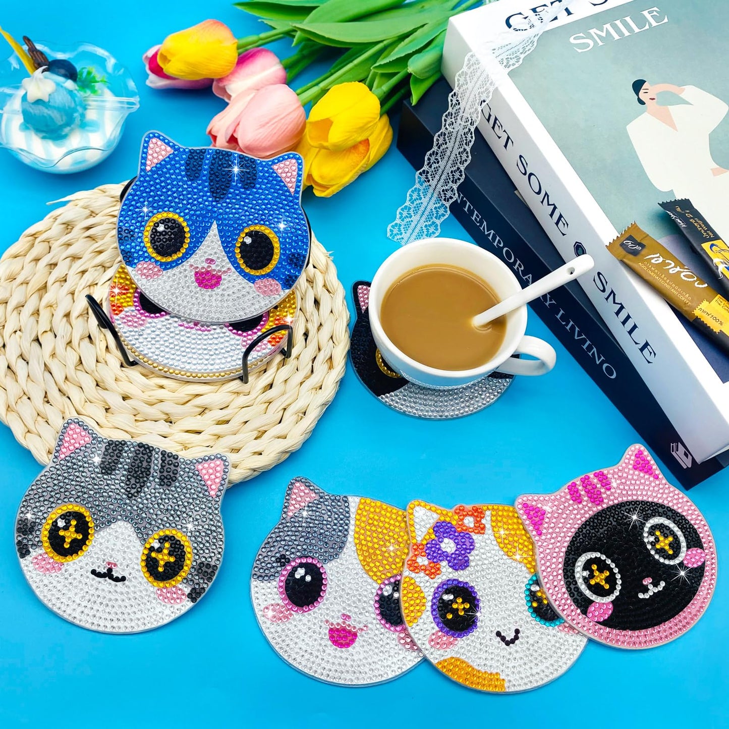 ZTOTZ Cat Diamond Art Painting Coaster Kit, 8Pcs DIY Cute Cat Face Diamond Crafts Kit with Holder, Non Slip Coaster Art Supplies for Adults, The Perfect Christmas and Holiday Gifts