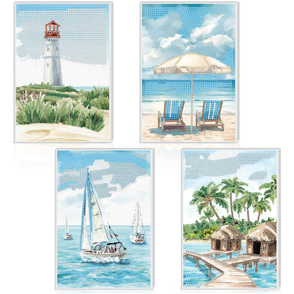Mooliwe 4 Pcs Diamond Painting Notebook for Adults, Diamond Art Journal DIY Art Kits Sets A5 Leather Painting Sketchbook Christmas Gifts for Adults Beginners(Beach)