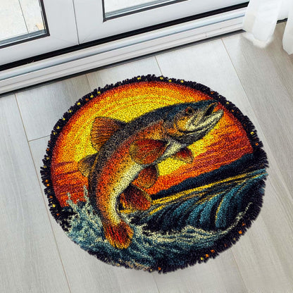 Latch Hook Rug Kit for Adults Trout Fish Jumping Out River and SunsetStamped Handmade Round Shape Carpet Crochet Yarn Craft DIY Hook and Latch Door Mat Tapestry for Home Floor Decor 50x50cm(6)