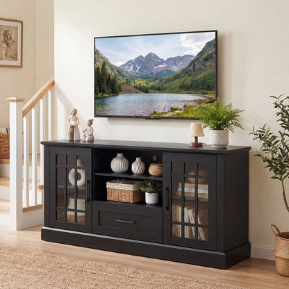 Tangkula Farmhouse TV Stand for TV up to 65 70 Inches, Tall Media Console Table with 2 Glass Storage Cabinets, 1 Drawer & 2 Open Shelves, Wooden Entertainment Center for Living Room (Black)