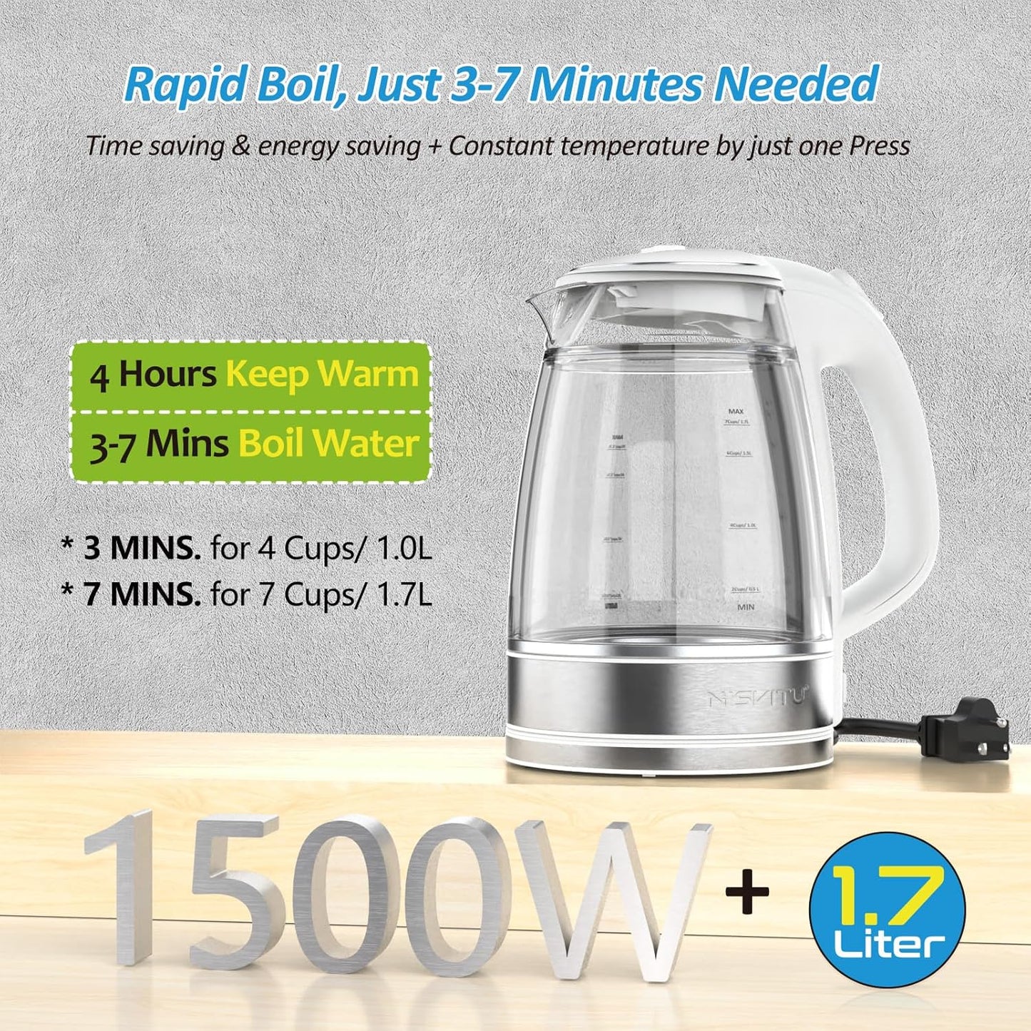 1500W, 1.7L, NISVITU Glass & Stainless Steel Cordless Electric kettle for boiling water, Hot water boiler Electric Tea