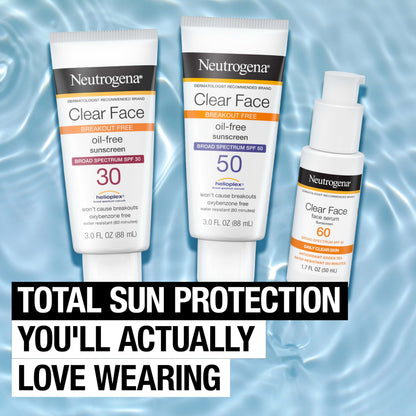Neutrogena Clear Face Sunscreen Lotion for Acne-Prone Skin, Broad Spectrum SPF 50 Facial Sunscreen for Oily Skin, Oil-, Fragrance- & Oxybenzone-Free Water Resistant Sunscreen, 3 fl. oz