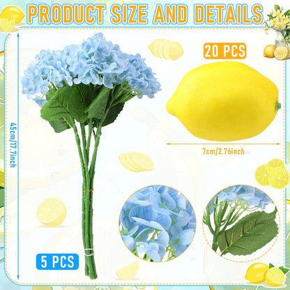 Suncalla 25 Pcs Lemon Vase Filler Decorations Kit, Artificial Lemon Blue Hydrangea Table Centerpiece, Long Stem Floral Decor for Farmhouse Home Kitchen Wedding Spring Summer Decoration