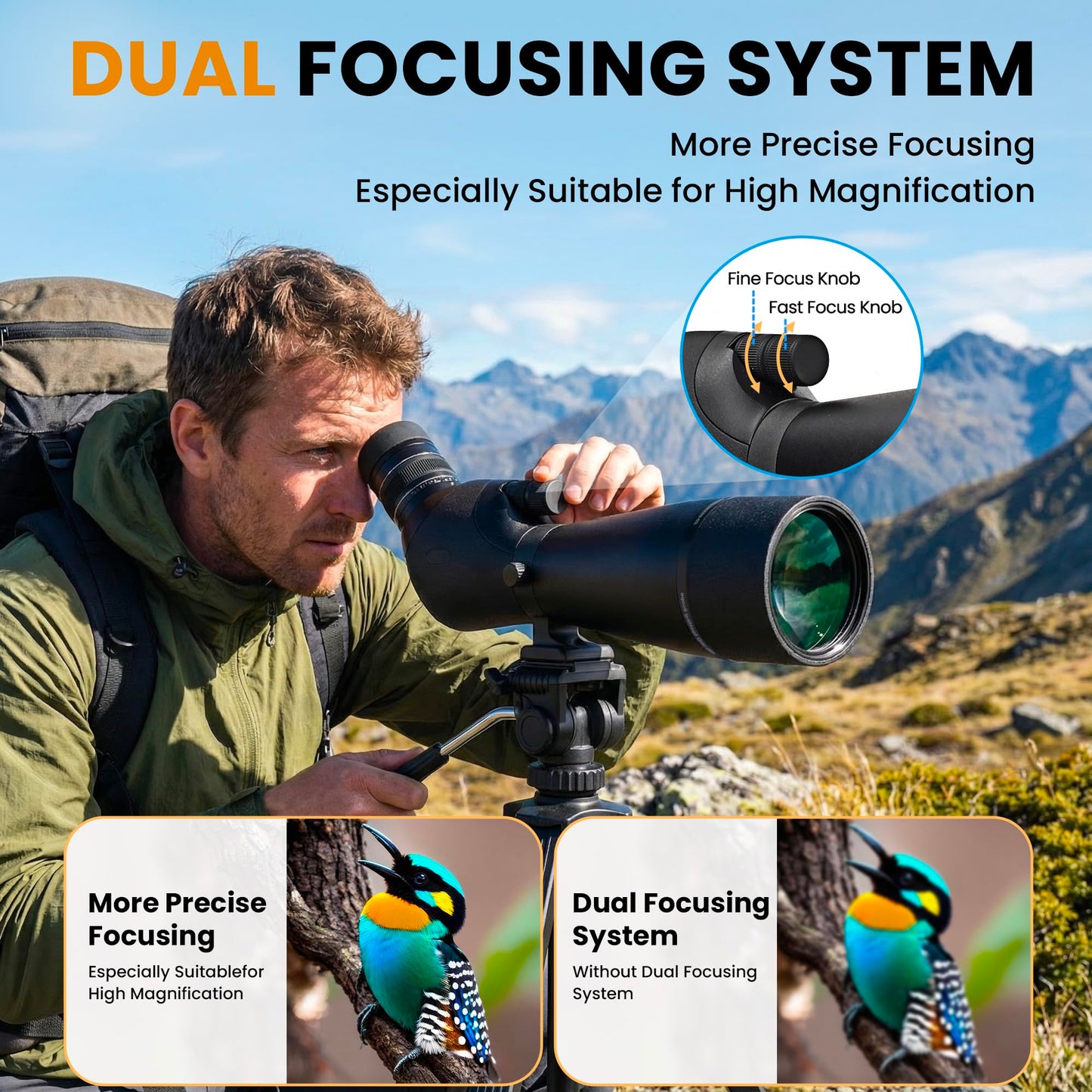 Three Triping Dual Focusing ED Spotting Scope, 20-60x80 Spotting Scopes with Phone Adapter, Tripod & Carrying Case, BAK4 Ultra High Definition, IPX7 Waterproof Fogproof for Bird Watching