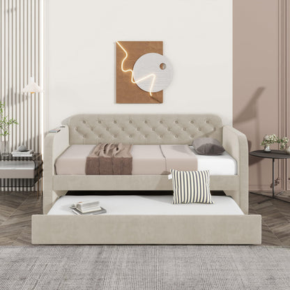 GDFStudio Twin Size Daybed with Trundle, Velvet Upholstered Twin Bed Frame with Headboard & USB Charging Station, Tufted Wood Platform Sofa Bed, Solid Slap Sofa Bed, No Box Spring Needed, Light Beige