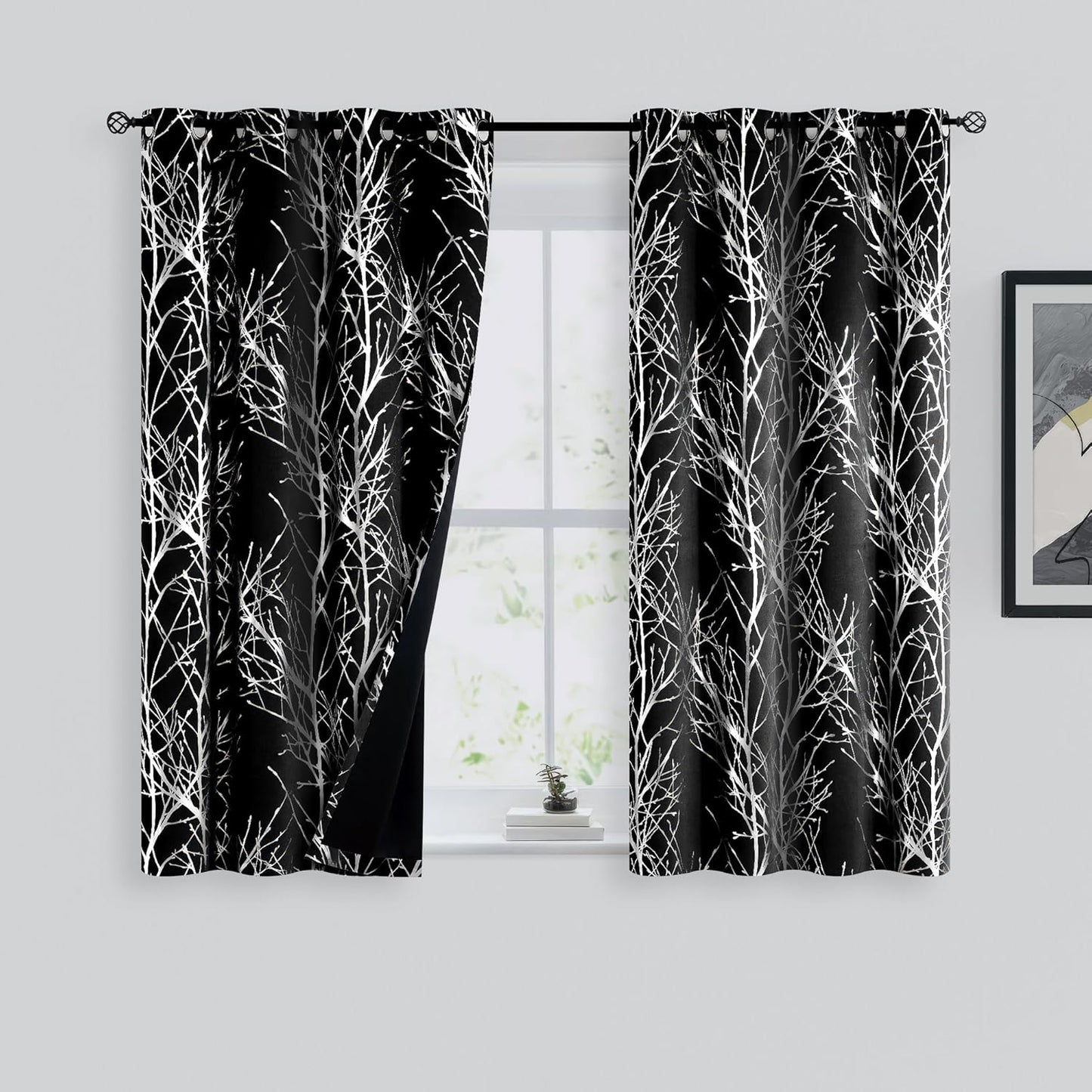 FMFUNCTEX 100% Blackout Curtains for Bedroom, 54 Inch Length Black Branch Panels for Living Room, Thermal Insulated 2
