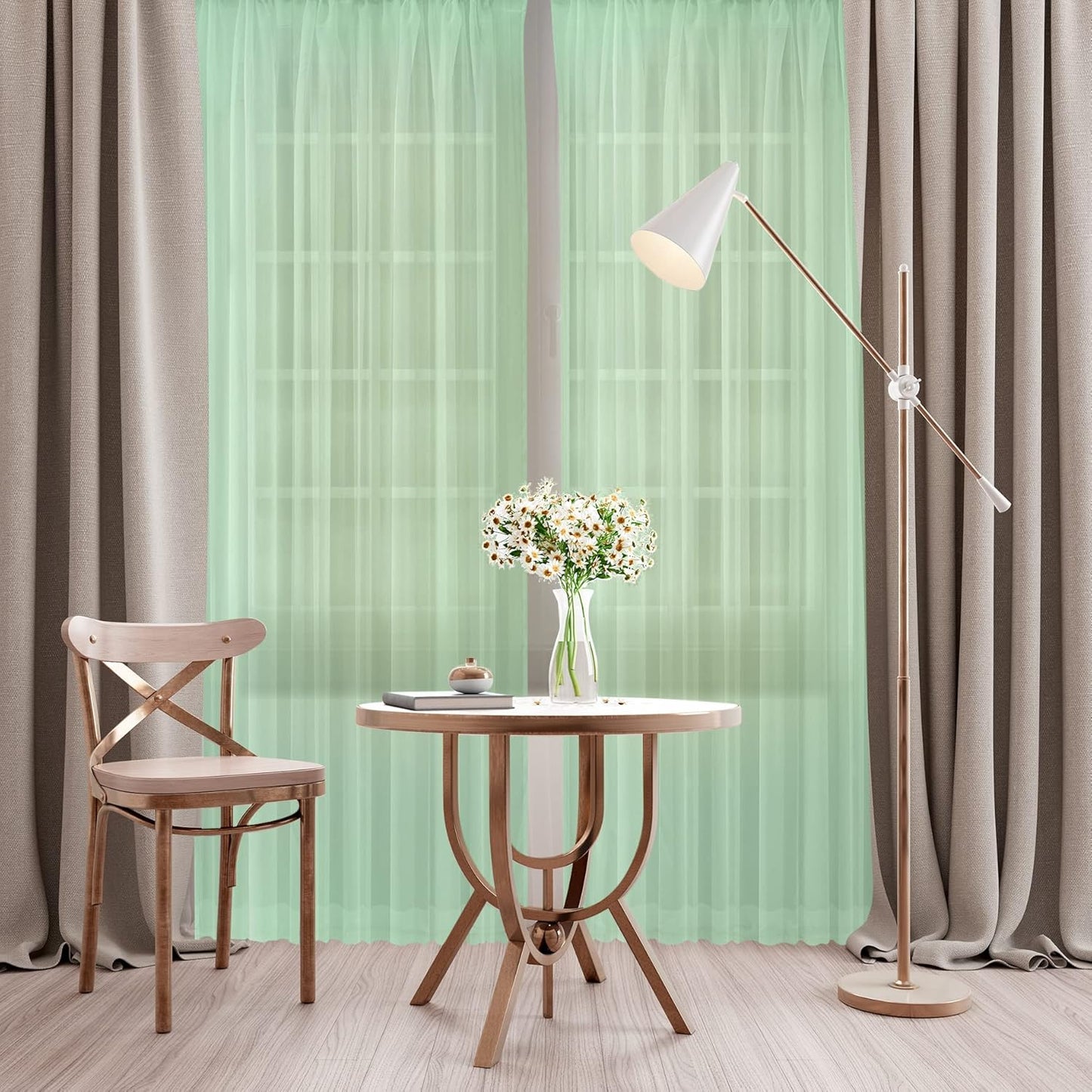 Oakias Green Sheer Curtains, 2 Panels Set 54" W x 84" L, 84 Inches Long Rod Pocket Voile Curtains for Living Room &