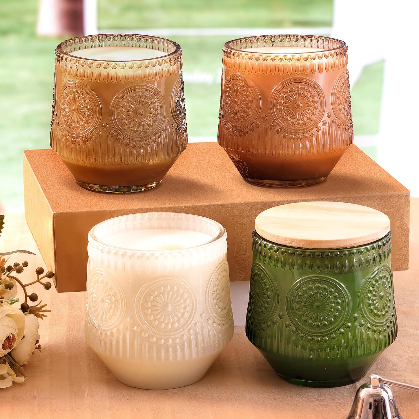 LAMORGIFT 6 Pack Milky White Candle Jars for Making Candles- Large 13.5oz Glass Jars with Wooden Lids and Labels, Empty Candle Jars, Candle Containers Vessels for Candle Making Supplies