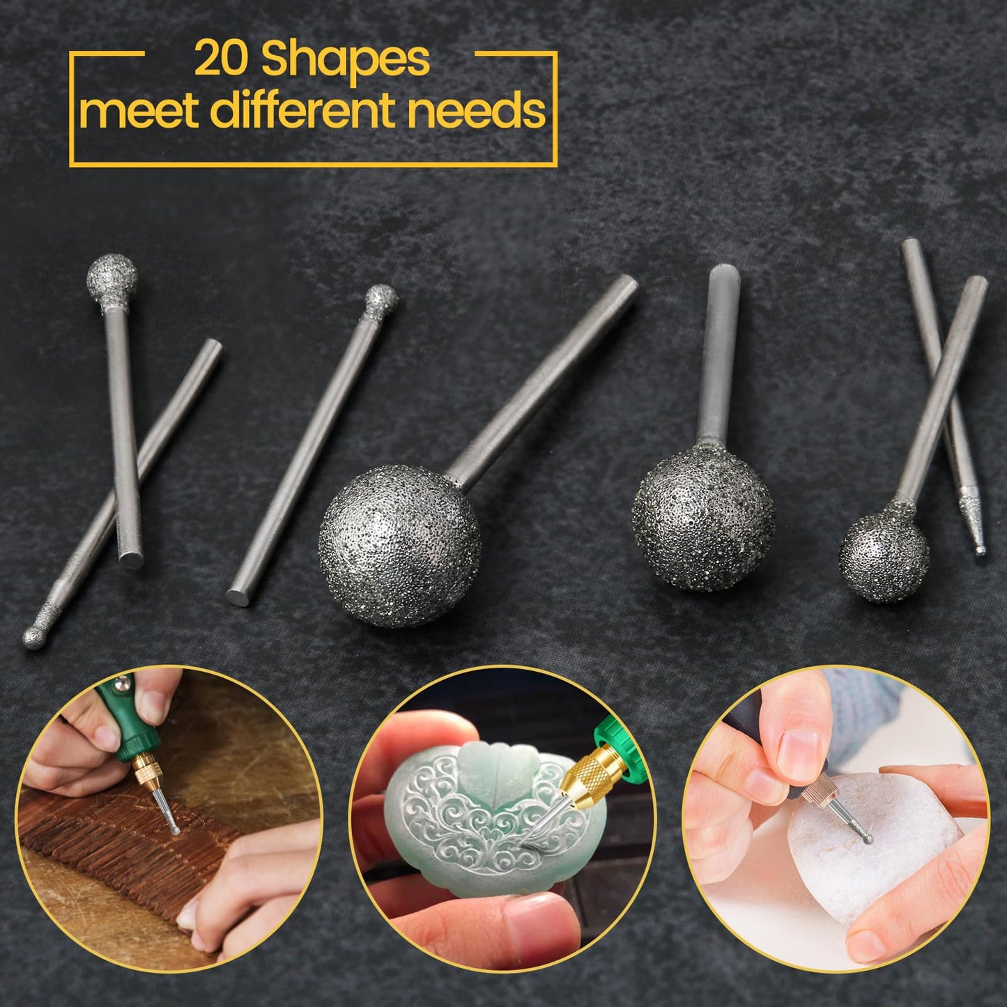 Stone Carving Set Diamond Burr Bits Compatible with Dremel, 20PCS Polishing Kits Rotary Tools Accessories with 2.35mm 3mm Shank Round Shape for Carving, Engraving, Grinding, Stone, Rocks, Jewelry