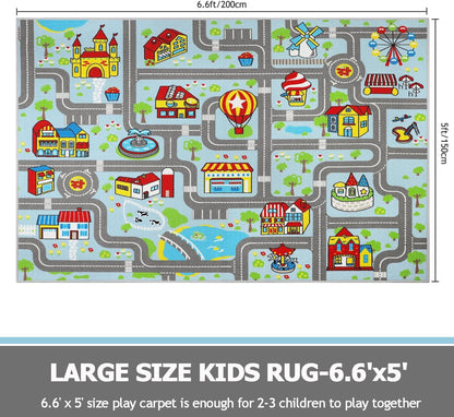 6.6x5.0ft Capslpad Kid Rug for Playroom Sky Blue Play Rug Traffic Road Car Play Mat Educational Learning Area Rug