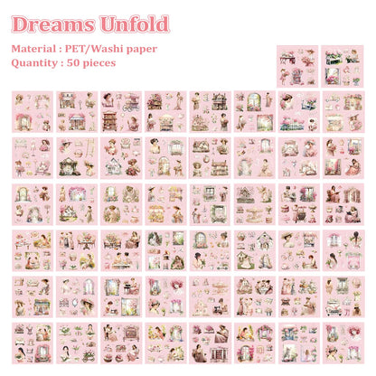 Dreamland Series Sticker Book, 2 Piece Set (Pink & Green), 100 Sheets Aesthetic Washi Stickers for Journaling - Vintage Scrapbooking Supplies for Junk Journal, Planner, DIY Arts & Crafts