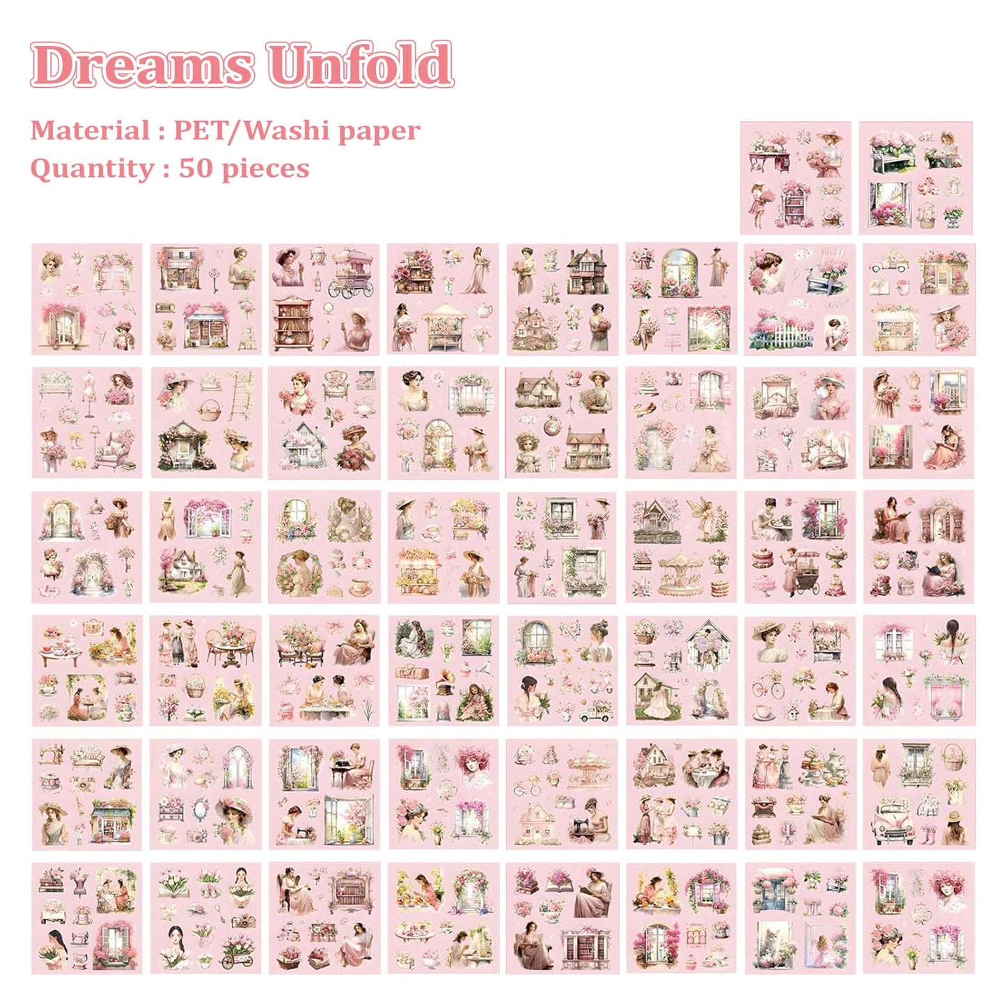 Dreamland Series Sticker Book, 2 Piece Set (Pink & Green), 100 Sheets Aesthetic Washi Stickers for Journaling - Vintage Scrapbooking Supplies for Junk Journal, Planner, DIY Arts & Crafts