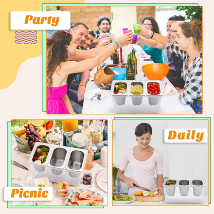 Singhoow 3 Containers Ice Chilled Condiment Caddy 30.5 oz Stainless Steel Serving Dish with Lids (3.75 Cup) for Bar Cold Accessories Hummus Fruit Salad Sauces Party Restaurant Serving Supply
