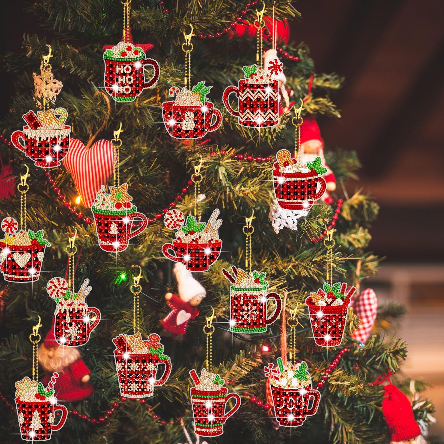BBTO 15 Pcs Christmas Diamond Painting Keychains 5d DIY Hot Cocoa Diamond Art Ornaments Hot Cocoa Buffalo Plaid DIY Crafts for Adult Xmas Hanging Tree Decoration Party Decor Home