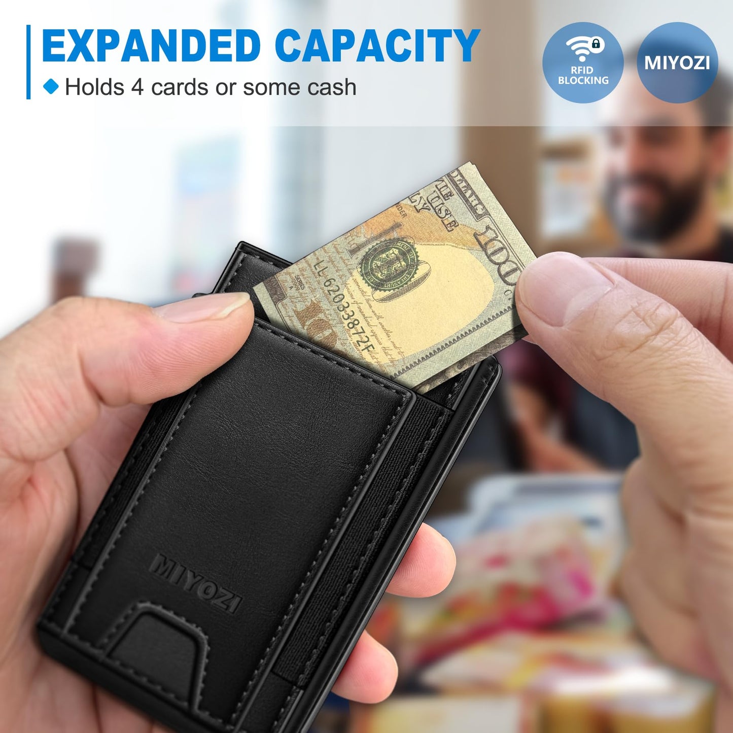 miyozi Wallet for Men, Slim Pop Up Card Holder - RFID Blocking Minimalist Bifold Wallet with ID Window, Holds 9-11 Cards & Stretchable Strap, Metal Flip Case with Magnetic Closure, Gift Box