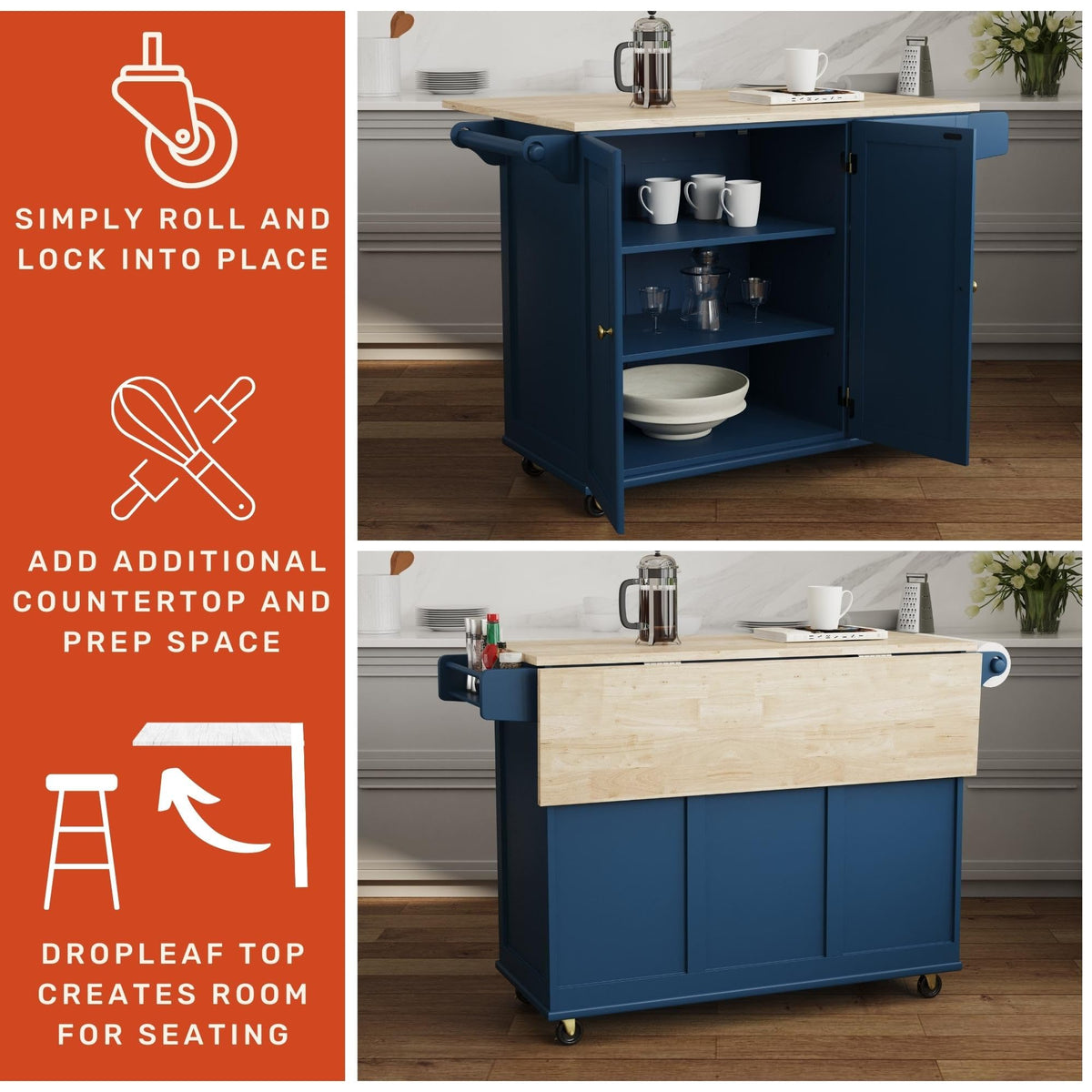 Homestyles Mobile Kitchen Island Cart with Wood Top and Dropleaf Breakfast Bar, Blue