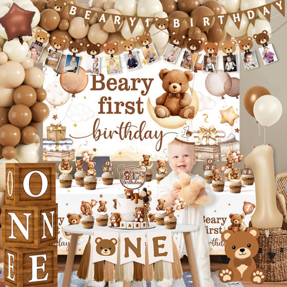 Beary First Birthday Decorations,147pcs Bear Birthday Decorations Brown Bear Birth Day Banner Backdrop High Chair Banner Tablecloth Cake Topper Box Balloon Garland for My 1st birthday Decorations