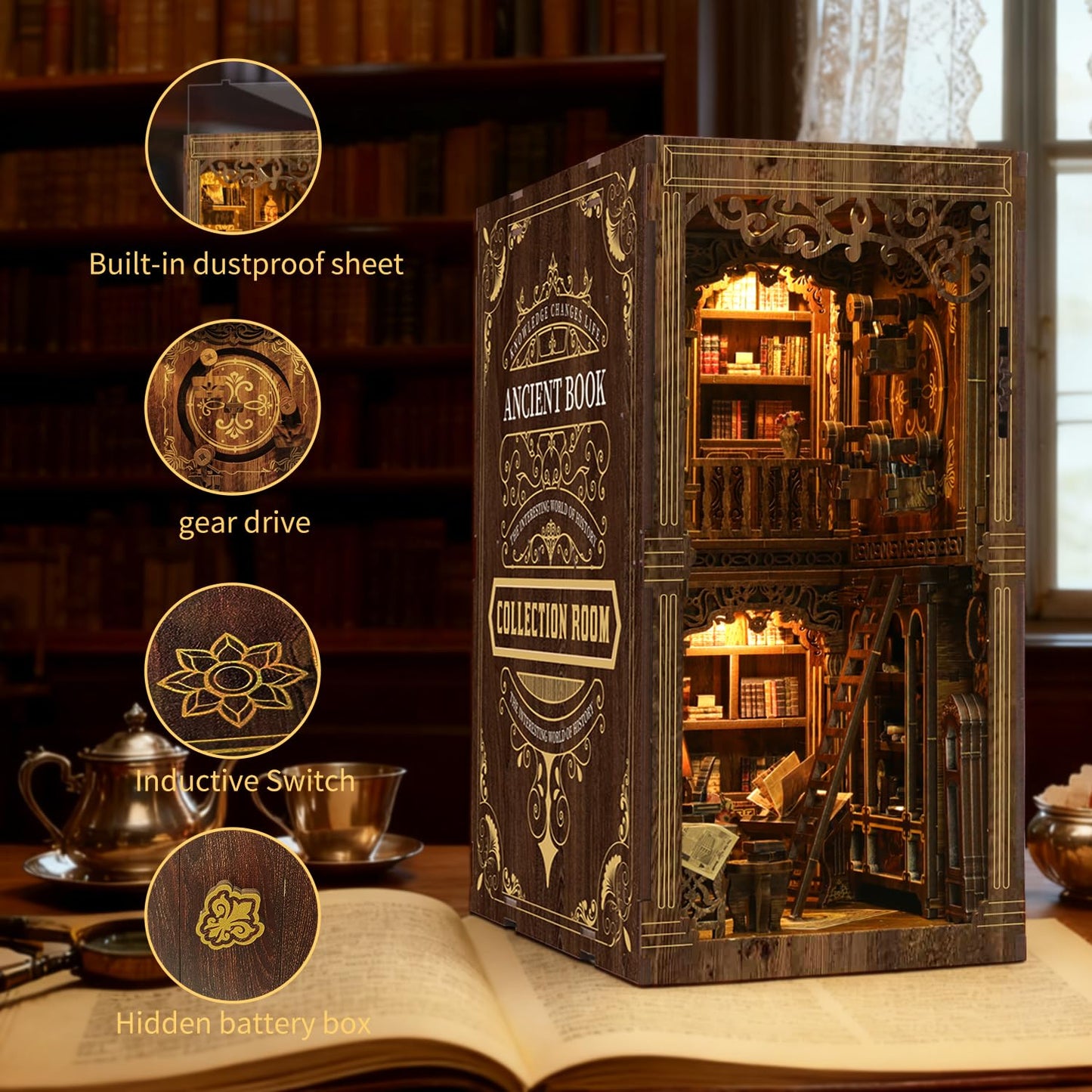 Book Nook Kit, Book Nook for Adults 3D Wooden Puzzle with Sensor Led Light,DIY Miniature House Kit Bookshelf Insert Decor for Adults Booknook Model Kits