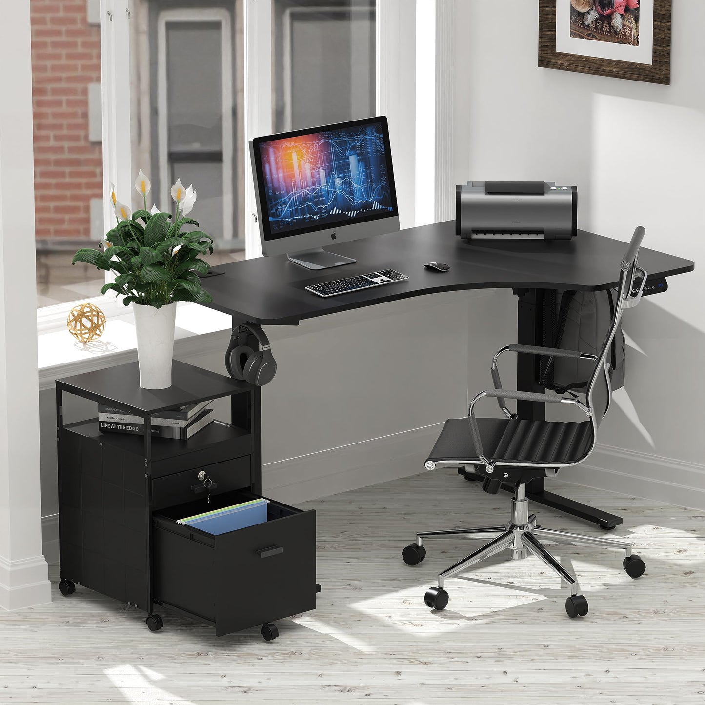 SHW Box File Rolling Mobile Cabinet with Open Shelf and Lockable Drawer, Black