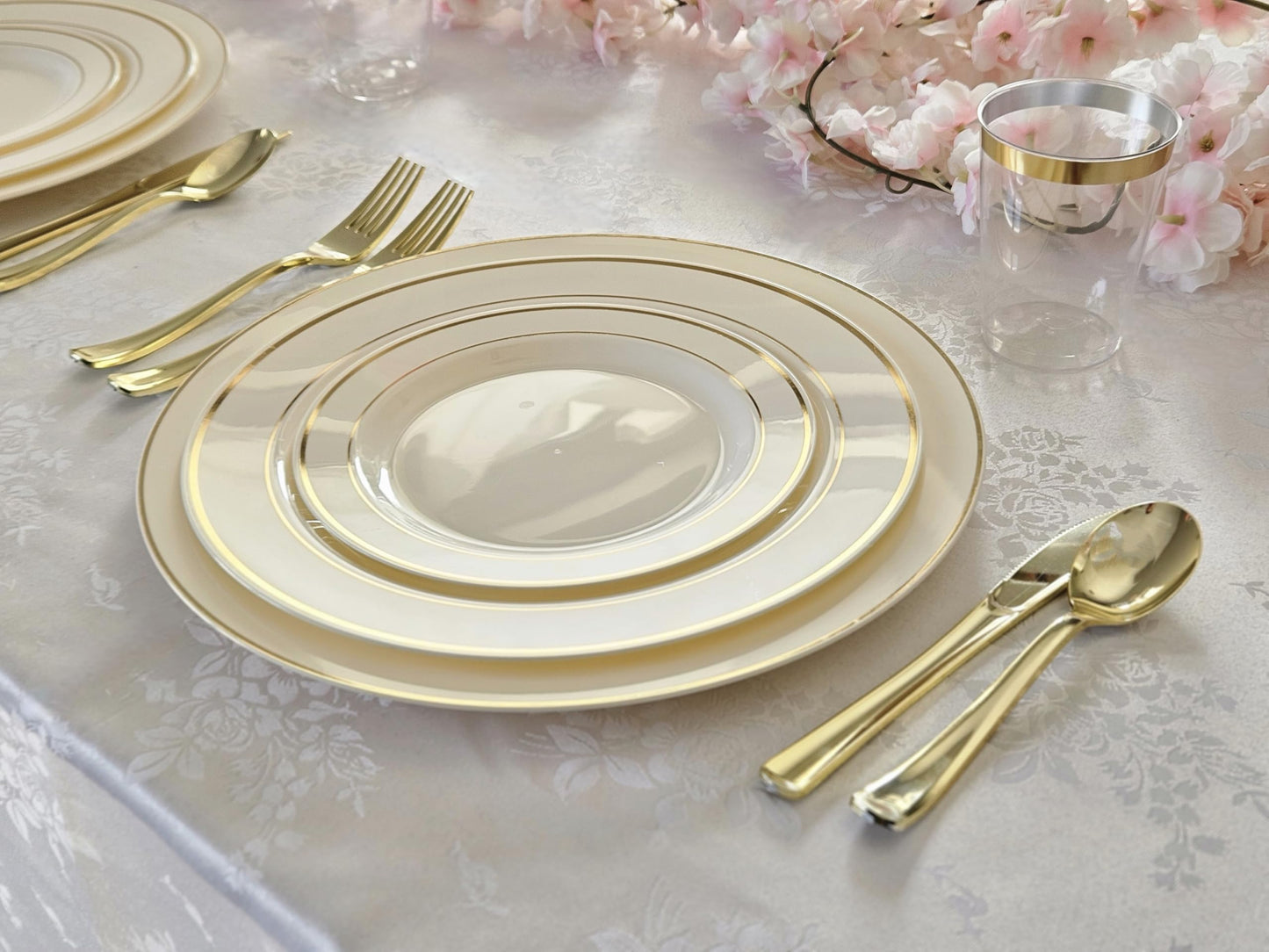OCCASIONS 40 Pack Disposable Plastic Charger Plates 12 Inch, Heavy Duty Bulk Chargers for Dinner Plates, Wedding Party, Fancy Dinnerware, Recyclable BPA Free (Ivory & Gold Rim)