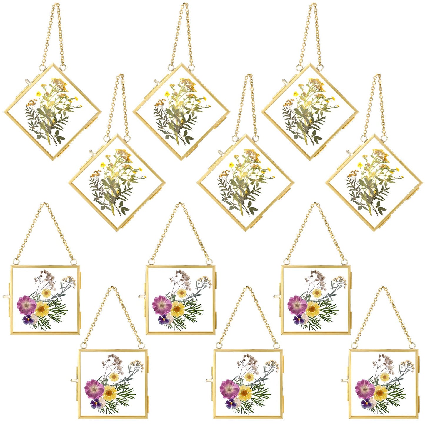 DoubleFill 12 Pcs Hanging Clear Photo Frame Double Glass for Pressed Flower Floating Frame with Chain Display Gallery Artwork Horizontal Vertical Gold Metal Rectangle Wall Decor(3 x 3 Inch)