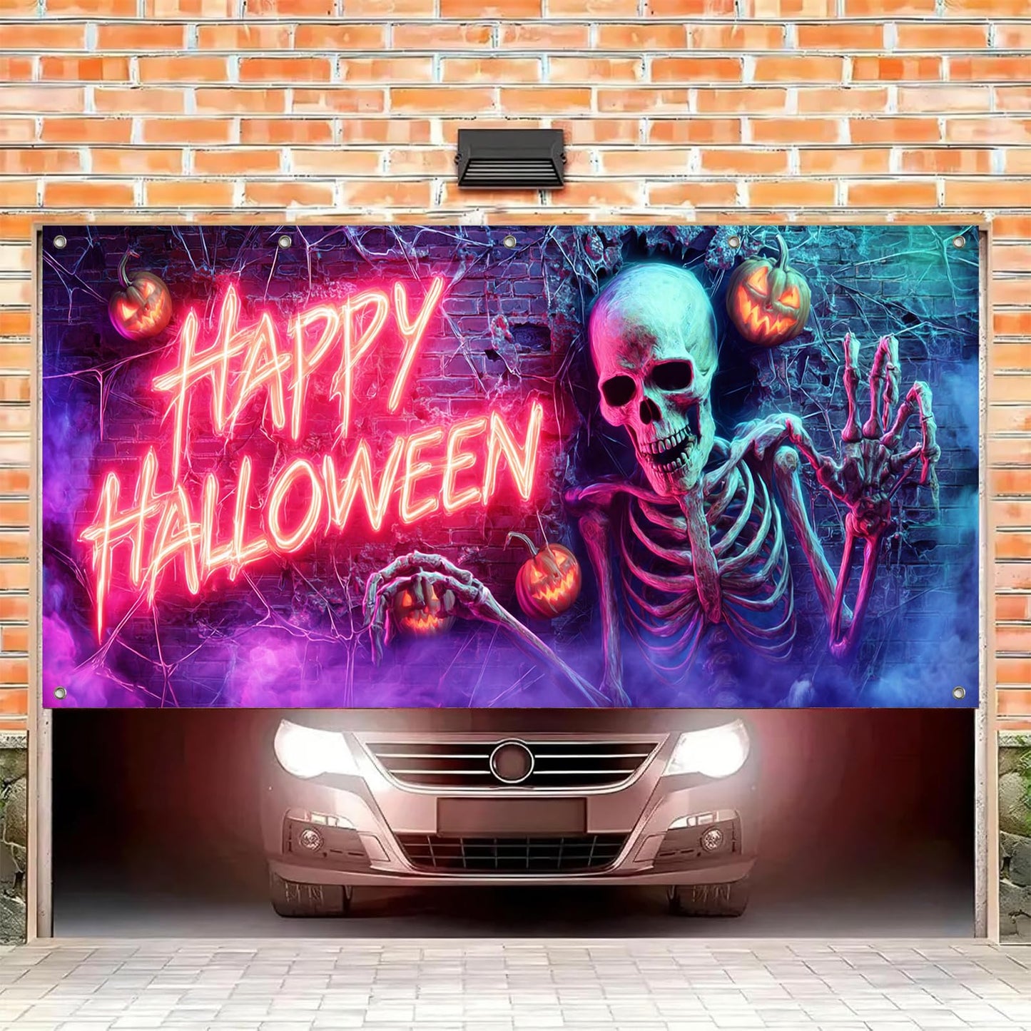 HOMETITUTE Halloween Garage Door Banner 13x6ft Neon Skeleton Decor Happy Halloween Sign Pumpkin Lantern Brick Wall Spider Web Spooky Party Decorations Creepy Backdrop Indoor Outdoor