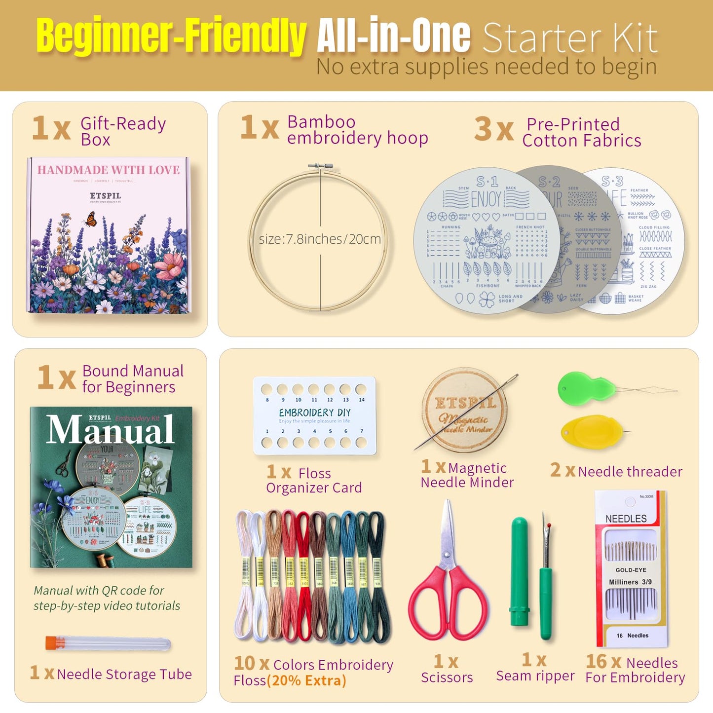 ETSPIL Embroidery Kit for Beginners, Magnetic Needle Minder & 4K Video Tutorials, Pre-Printed Floral Patterns, Bound Guide, Relaxing Screen-Free Craft for Women at Home