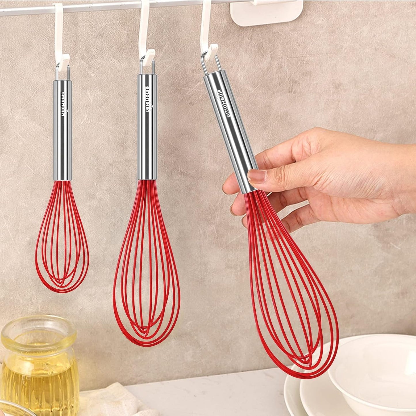 NileHome Commercial Stainless Steel Whisk Set, 3 Pack Small Whisks (8" 10" 12") with Silicone Non-Stick Coating (Red)