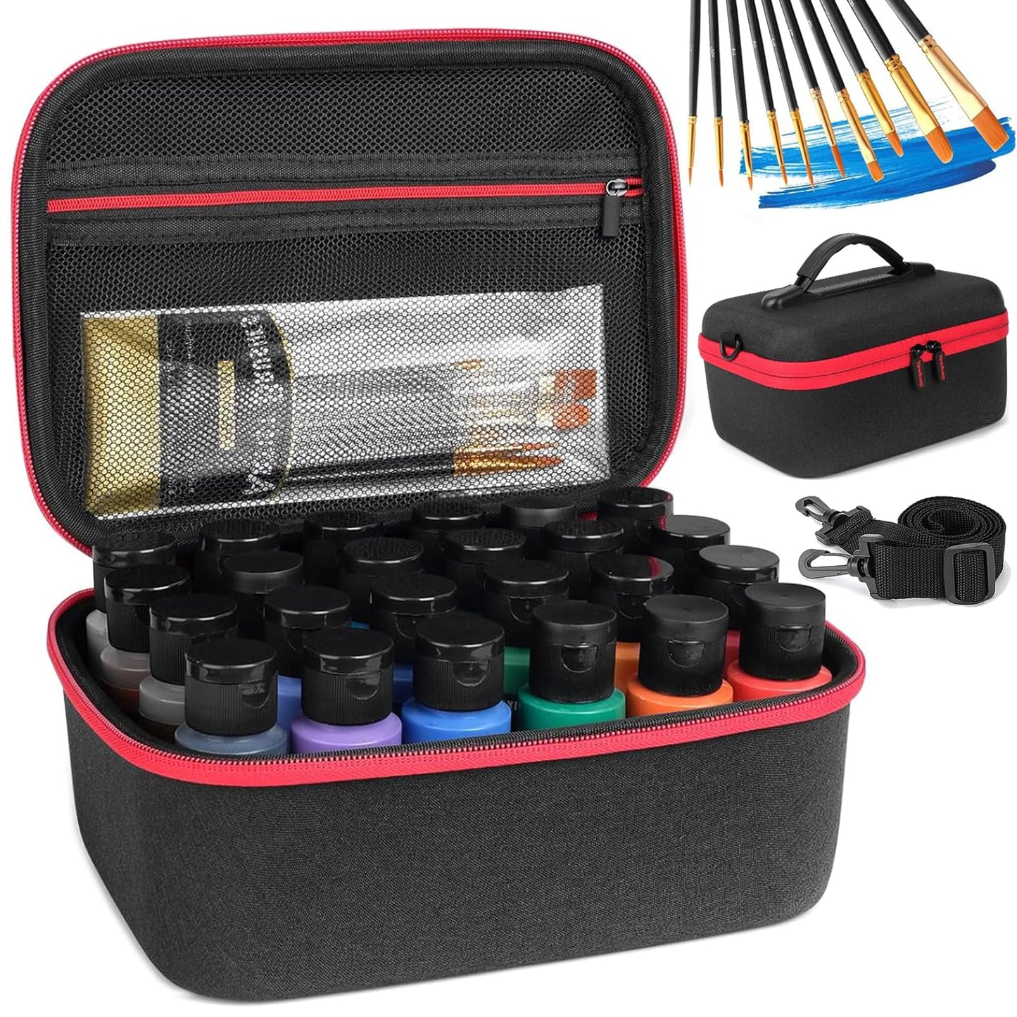 Acrylic Paint Storage Case for Bottles(2 fl oz), Craft Paint Storage Bottle Organizer, Art Supply Hard Box Organizer with Pocket for Brushes, Palette Board (Small - 24 Bottles 2 fl oz Acrylic Paint)