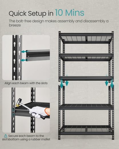 SONGMICS 5-Tier Storage Shelves, Heavy-Duty Garage Shelving, Adjustable Shelving Unit, Steel Shelf, Boltless Assembly, for Garage, Shed, 2,250 lb Load, 18 x 36 x 72 Inches, Ink Black UGLR453B01