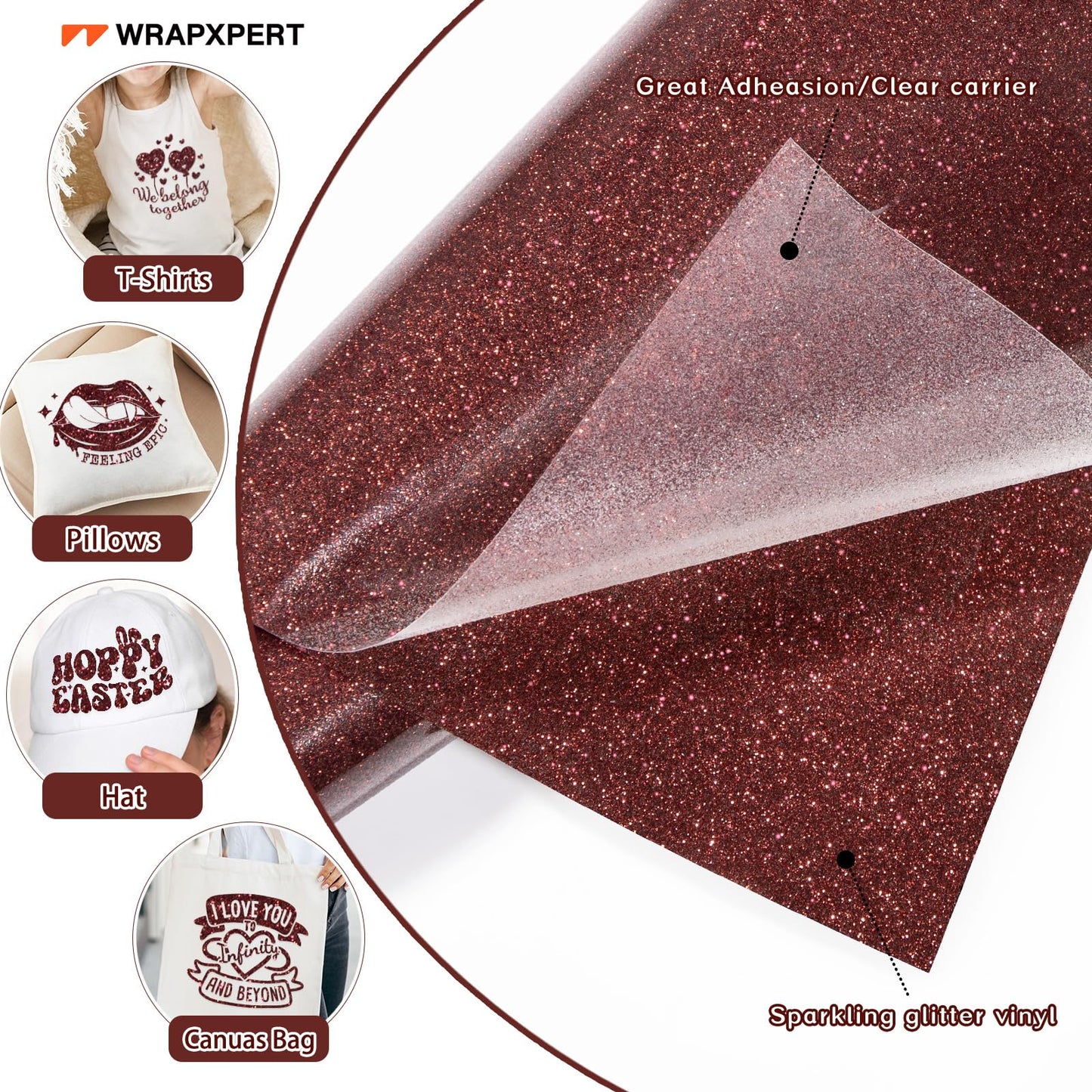 WRAPXPERT Maroon Glitter Heat Transfer Vinyl Roll, Holographic Glitter Wine Red HTV Vinyls, 10" x5ft Sparkle Dark Red Brugundy Iron on Vinyl for Heat Vinyl Design, Shrits, Easy to Cut & Transfer