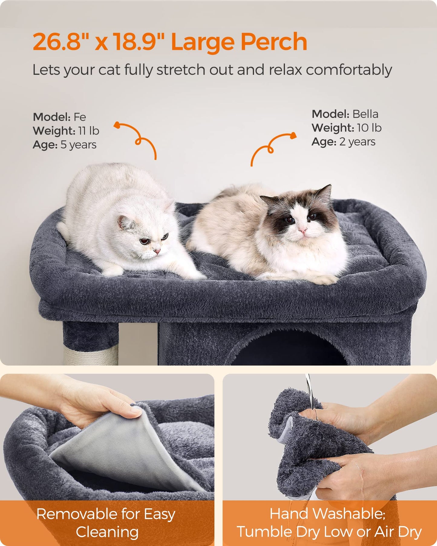 Feandrea Cat Tree, 39.8-Inch Cat Tower, XL, Cat Condo for Extra Large Cats up to 44 lb, Large Cat Perch, 2 Cat Caves, Scratching Post, Smoky Gray UPCT614G01